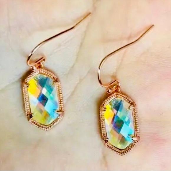 small 14k gold plated oval hexagon iridescent dichroic dangle earrings - Picture 3 of 3